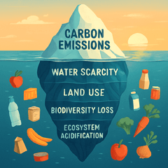 Iceberg visualisation showing visible carbon emissions above the waterline and hidden environmental impacts of food production below