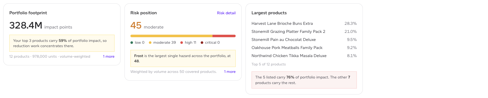The portfolio footprint, risk position and largest products cards