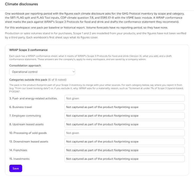 The Climate disclosures page, with the WRAP Scope 3 conformance form