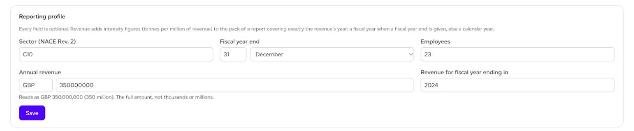 The reporting profile form on the company Nature page
