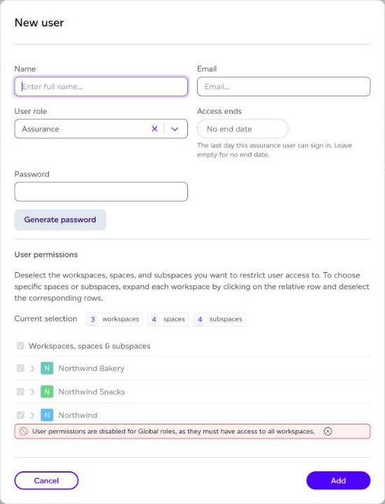 The New user dialog with the Assurance role and Access ends