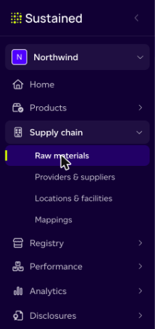 The Supply chain section of the left menu: Raw materials, Providers & suppliers, Locations & facilities, Mappings