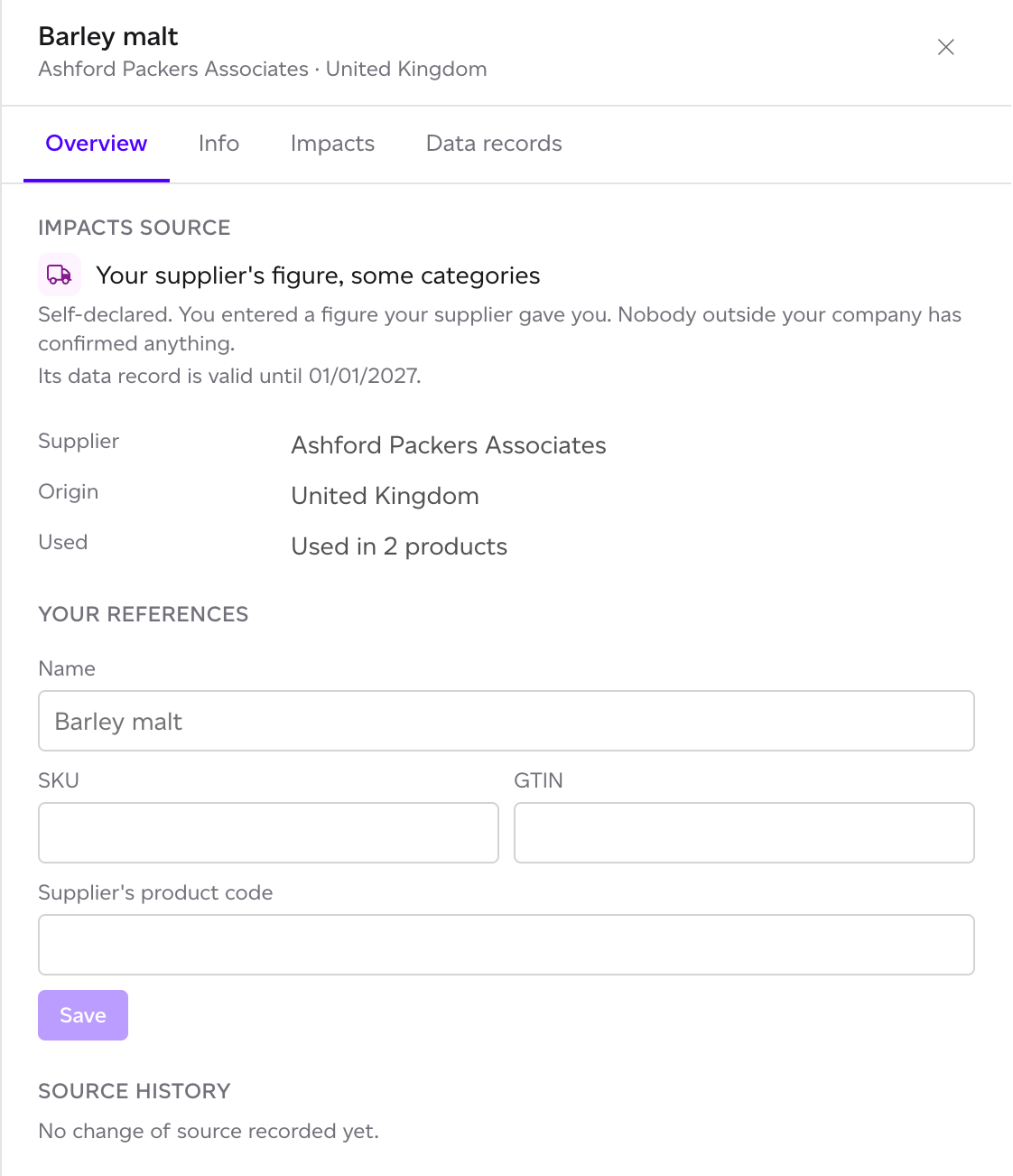 The Overview tab of a raw material's panel