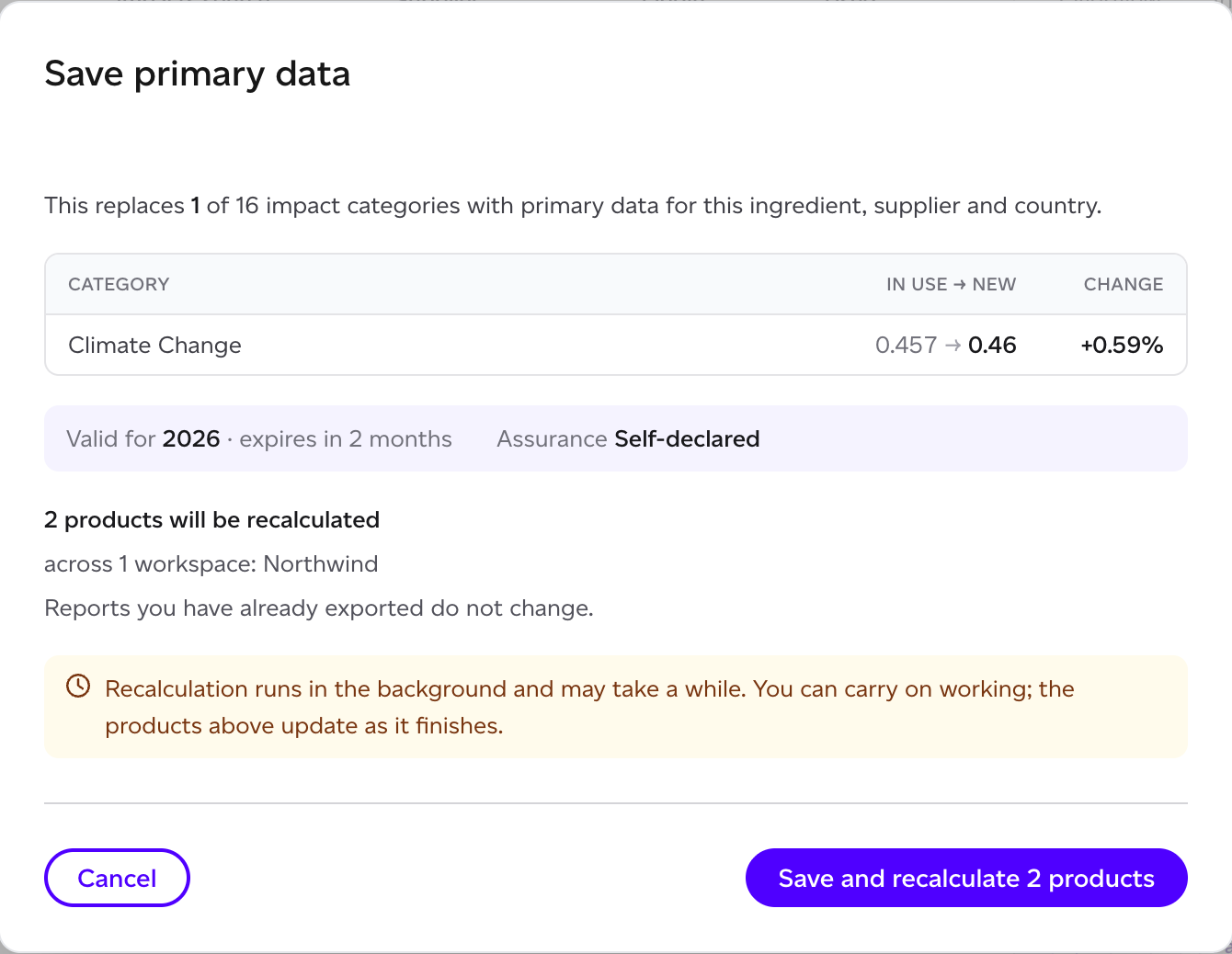 The confirmation before saving: the change per category and the products that will be recalculated