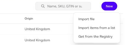 The New menu: Import file, Import items from a list and Get from the Registry