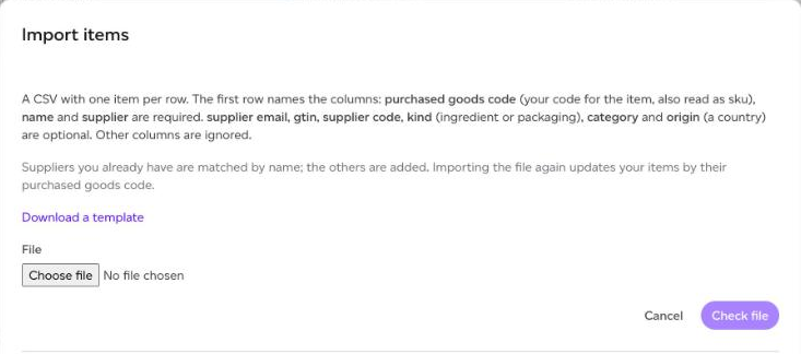 The Import items dialog