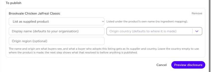 A product ready to publish, with its listing type, name and origin