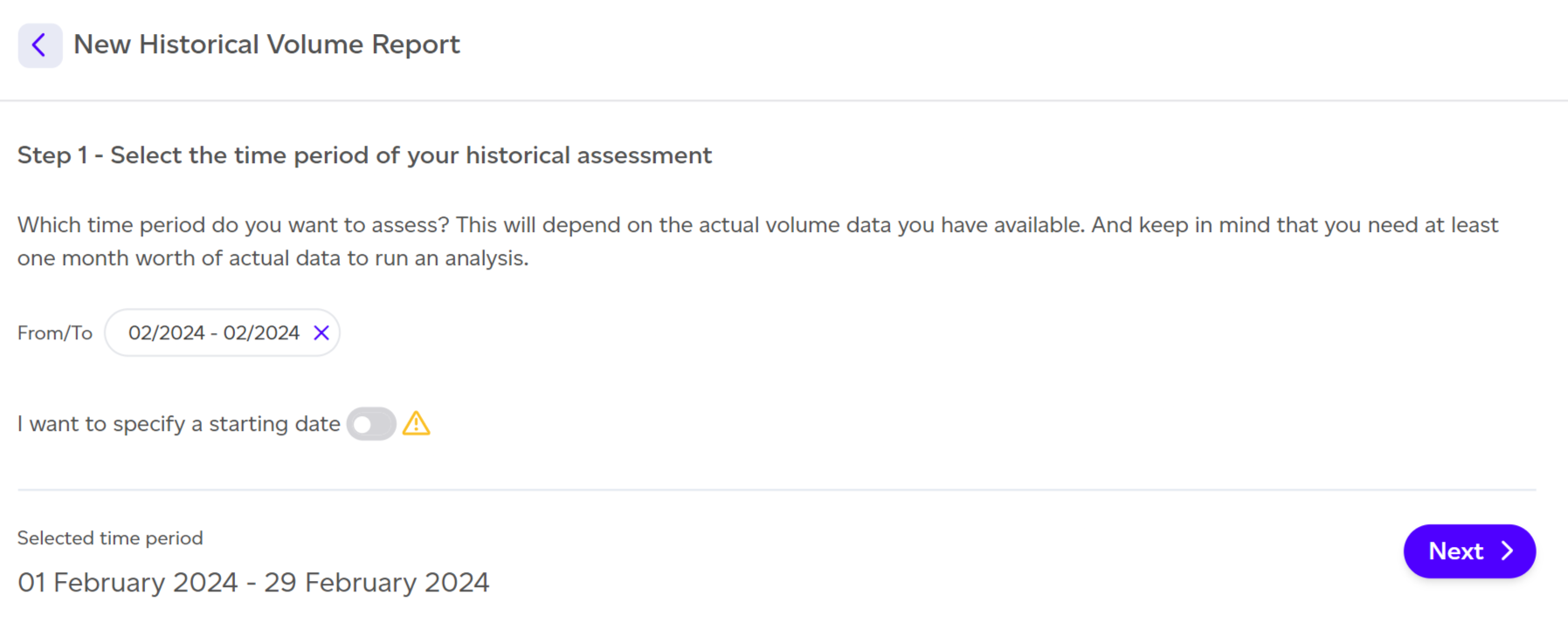 Selecting the time period before uploading the historical data file.