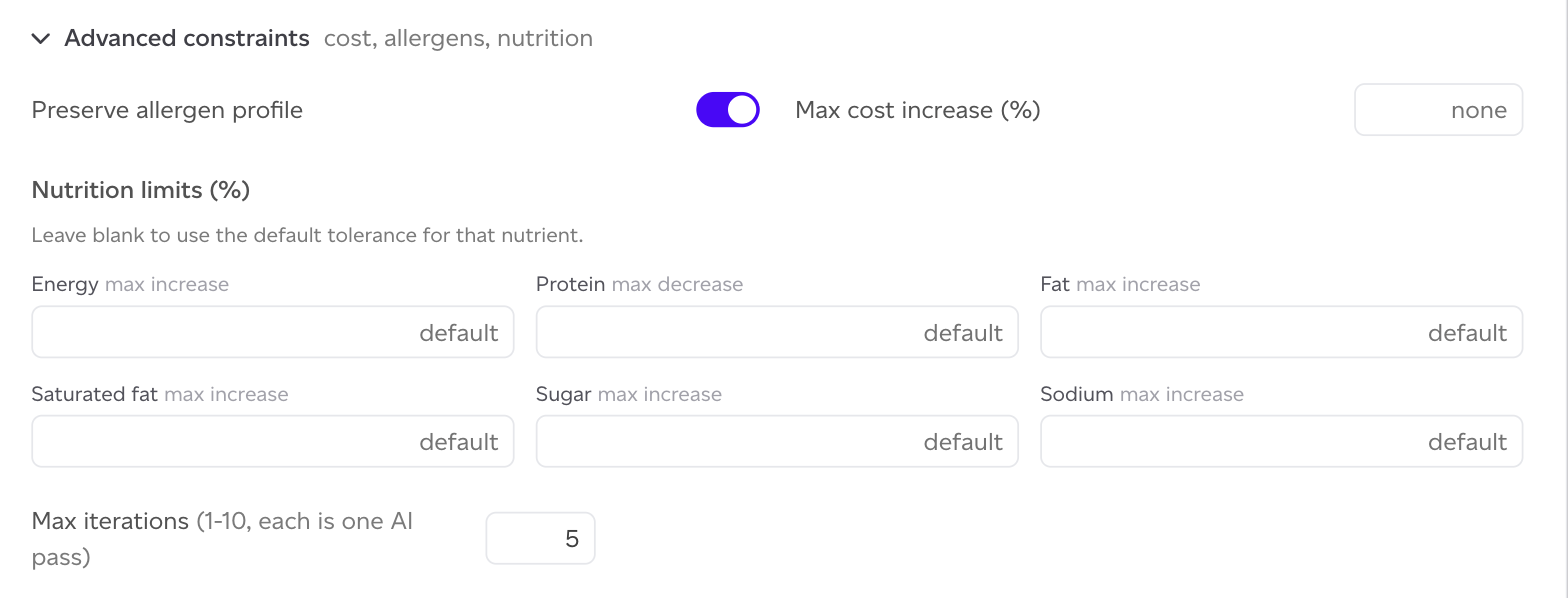 Allergen, cost, nutrition and iteration constraints